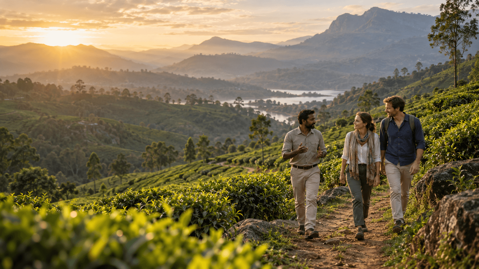 A Sri Lankan guide walking with travellers through the tea country